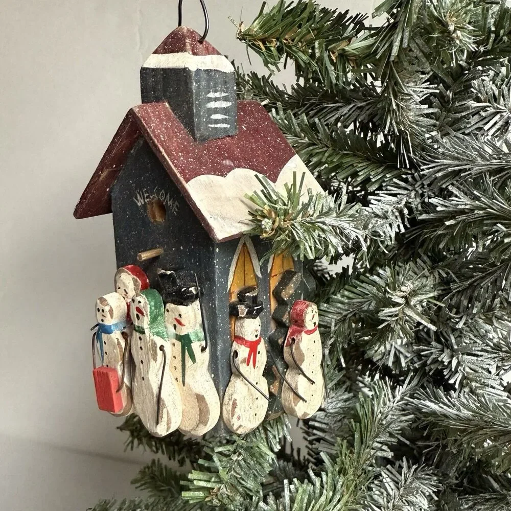 Vintage Christmas Ornament Snowman Family Church Painted Wood Primitive Country